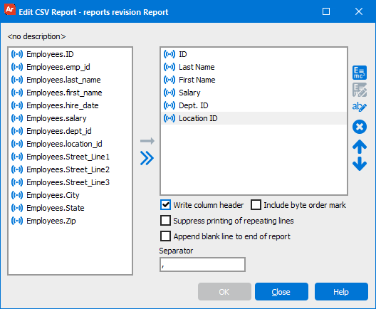 The Edit CSV Report dialog with ID, Last Name, First Name, Salary, Department ID, and Location ID fields selected to be included in the report.
